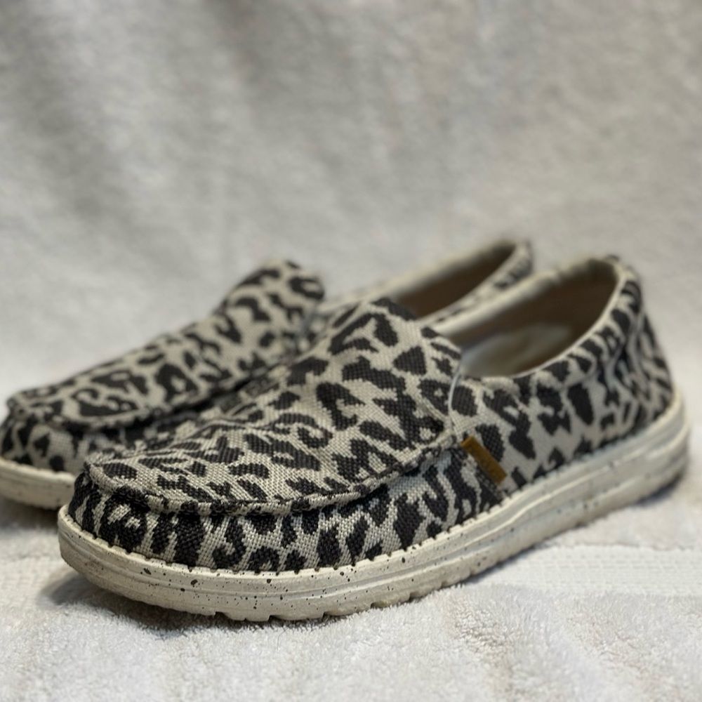 Hey Dude Leopard-Pattern Misty Woven Cheetah Black and Cream Casual Shoe, Size 9